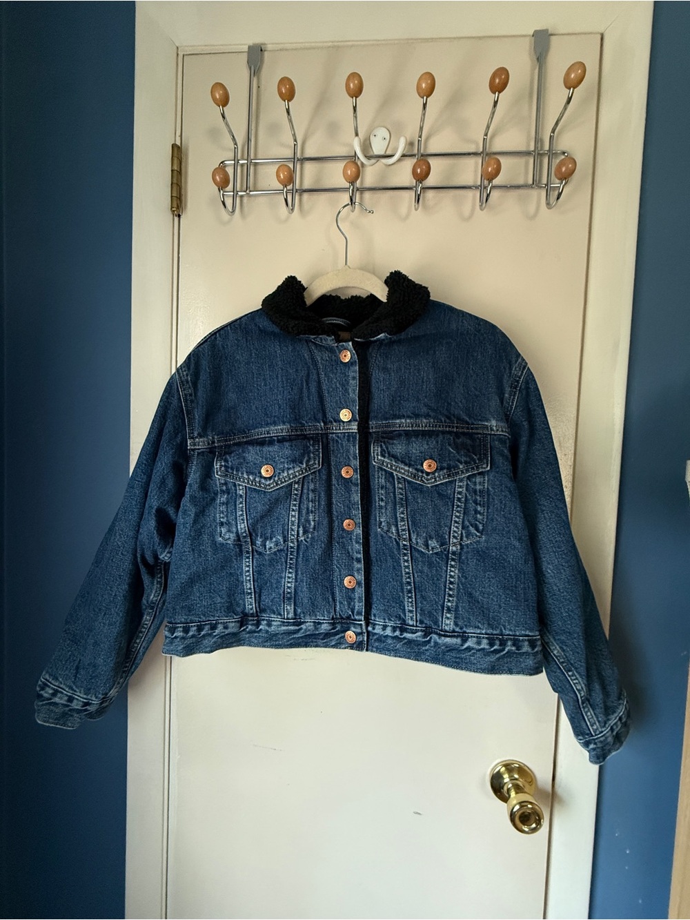 GAP Cropped Sherpa Lined Denim Jacket Dark Wash Large Petite